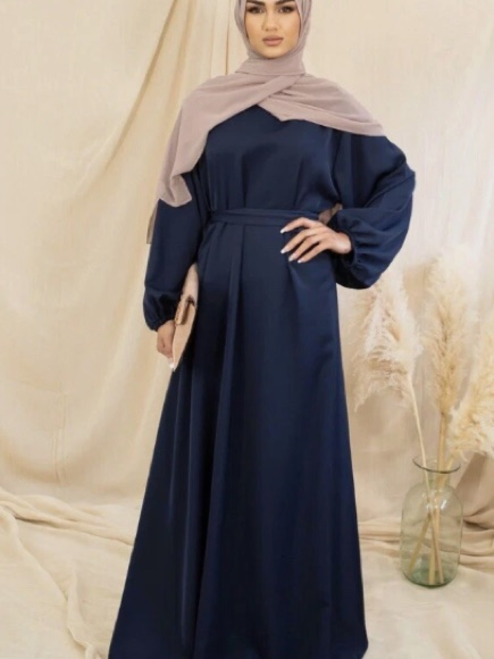 Elegant Navy Modest Maxi Dress with Long Balloon Sleeves